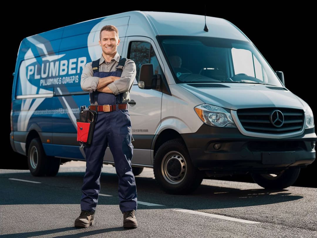 Image of a plumber in front of his company's van
